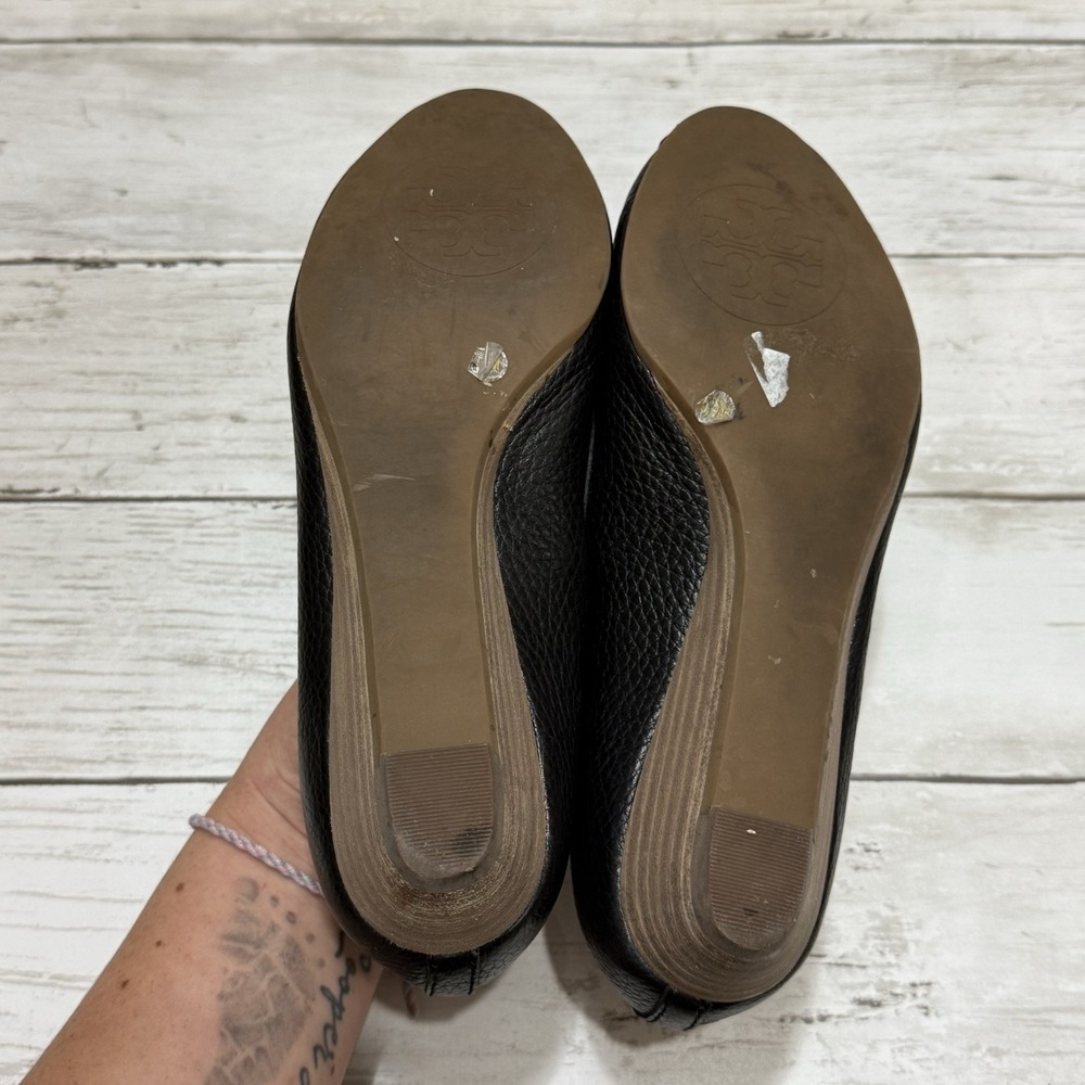 Tory Burch Shoes Amanda Size 6.5 Black Leather Peep Toe Wedge Heels - Picture 7 of 10